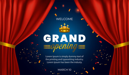 Vector Grand opening horizontal banner design with red ribbon.