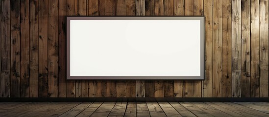 Empty digital white screen on a contemporary wooden wall for advertisement design in an office or educational setting with copy space image