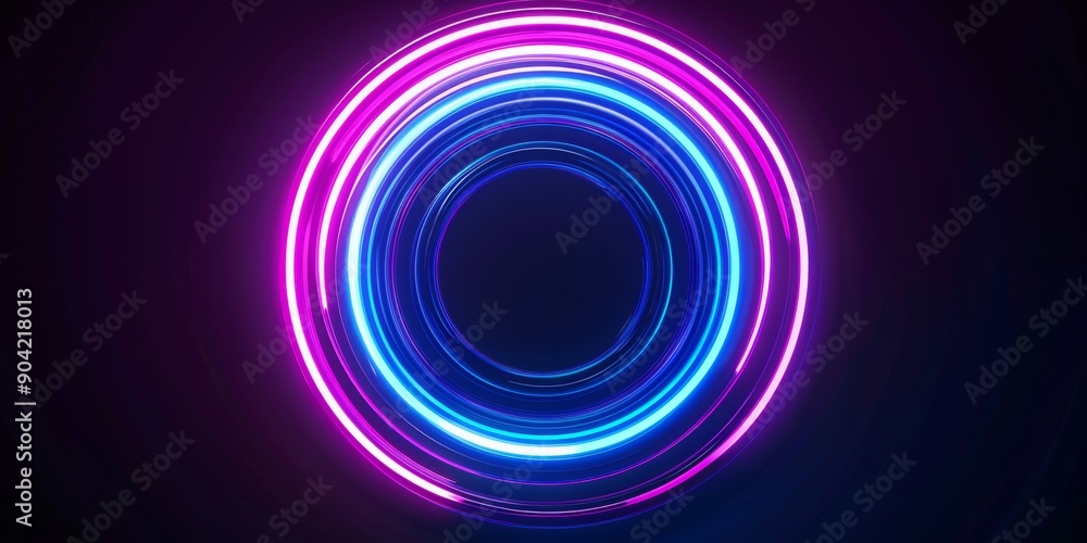 Poster vibrant neon circular pattern with blue and pink light on dark background, creating striking visual 