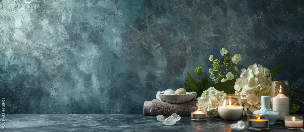 Poster a spa themed arrangement with cosmetics candles and hydrangea flowers on a gray tabletop set against