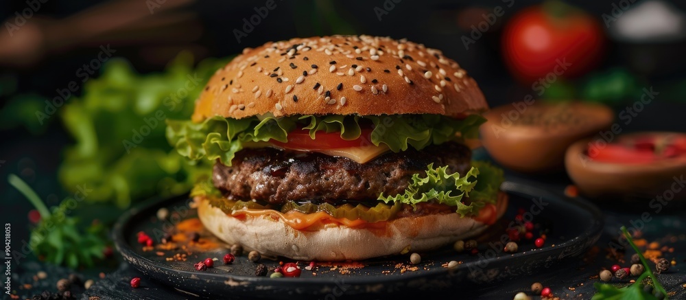Poster a gourmet burger with a juicy patty lettuce tomato and sauce on a sesame seed bun displayed on a dar