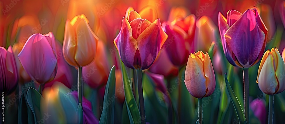 Poster vivid tulip blooms in the garden a natural symbol of spring with a vibrant and appealing appearance 