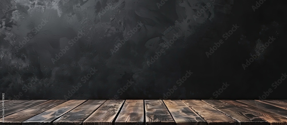 Poster dark gray wall background and empty wooden table create a blank canvas for showcasing products and a