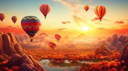 Obraz premium Sunrise with hot air balloons over a beautiful landscape, vibrant and dreamy, AI-enhanced, digital illustration, scenic travel destination