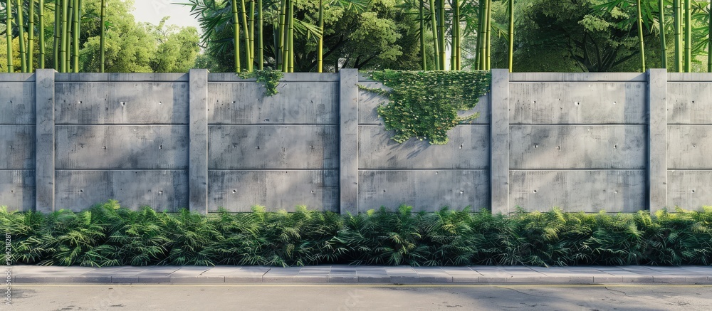 Poster a fence constructed from prefabricated concrete blocks is enhanced by a tall bamboo hedge in the bac
