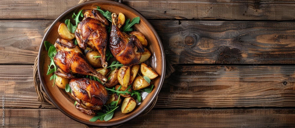 Poster top down view of whole quails roasted on a plate with fried potatoes set against a wooden backdrop w