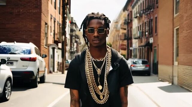 Young black rapper wearing gold chains walking street