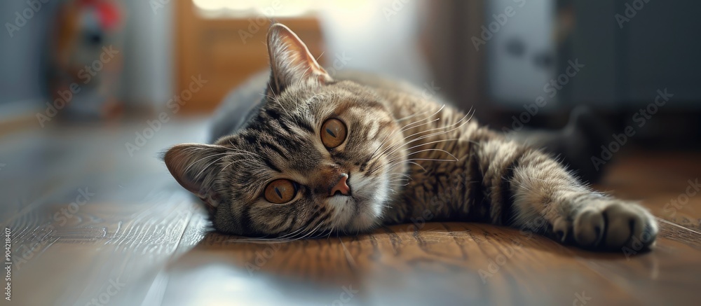 Poster adorable cat resting on the floor with a gaze in a copy space image