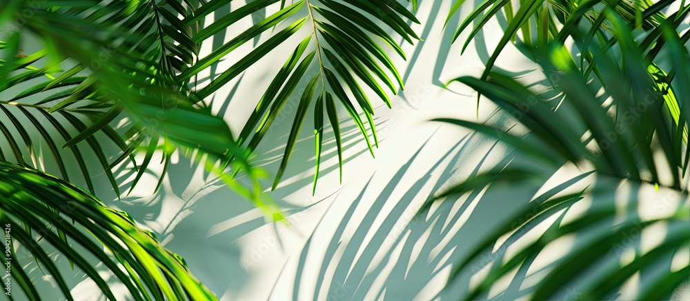 Poster close up of palm leaves with shadows providing copy space in the background for a captivating image
