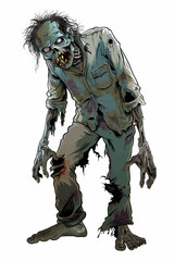 A zombie man with a bloody face and torn pants