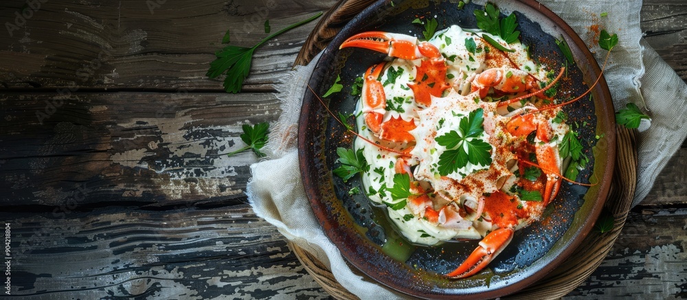 Poster a rustic top view of a fresh appetizer with crab stick cream cheese and herbs on a table providing a