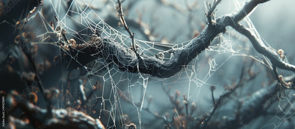 Poster a stunning scene showing cobweb covered branches of a dead tree against a blurry backdrop suitable f