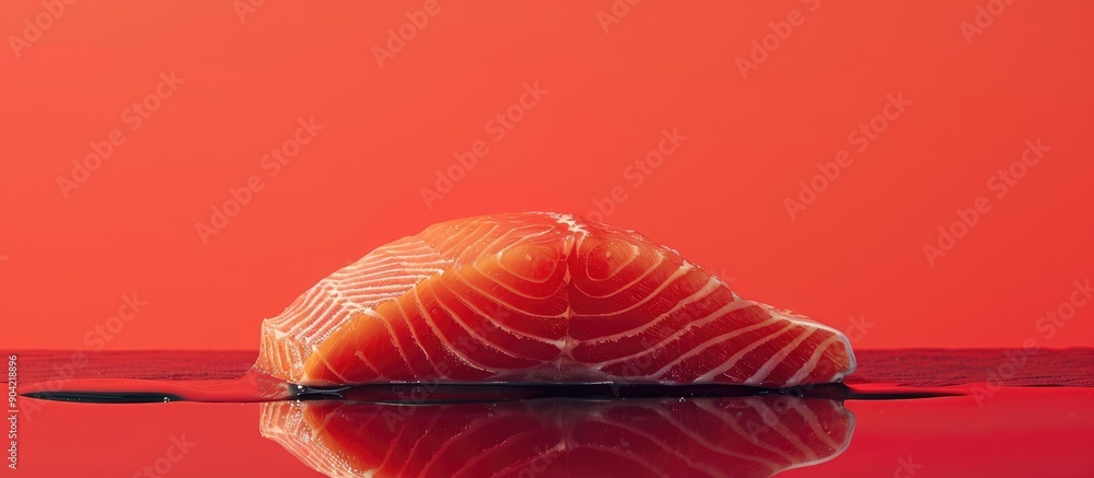 Poster a fresh raw salmon fillet displayed on a table with a red background sea themed with ample space for