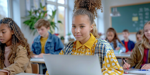 A student focuses intently on her laptop in an engaging classroom filled with fellow learners during a school session.