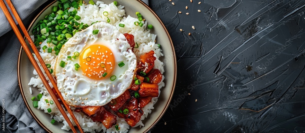 Poster top view of a plate with rice fried egg and char siu creating a beautiful composition with copy spac