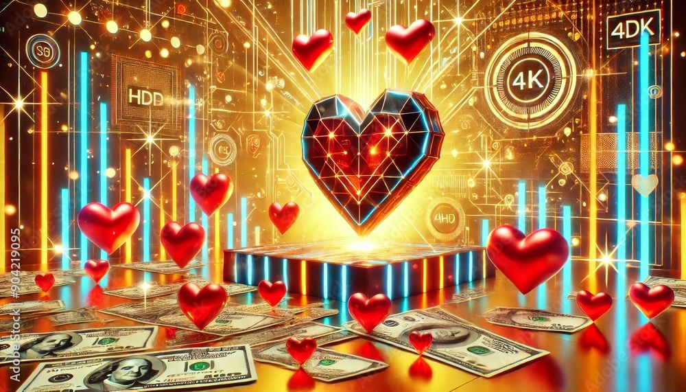 Poster 3d animation of a glowing geometric heart surrounded by floating red hearts and dollar bills in a fu