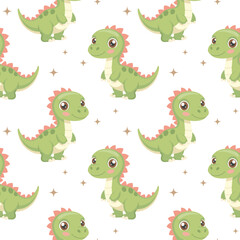 Cute dinosaurs seamless pattern. Background with dinosaurs and tropical leaves. Scandinavian design for baby clothes, shirts, fabrics, textiles.