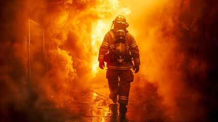Naklejka premium Firefighter Emerging From Intense Fire Blaze Dark Corridor Heroic Fire Safety Rescue Courageous Emergency Response Professional Firefighting Team Hot Flames Smoke Dangerous Firefighting Task High Risk