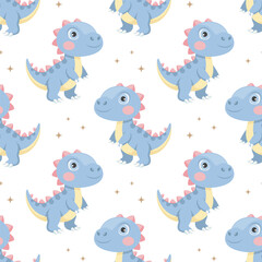 Cute dinosaurs seamless pattern. Background with dinosaurs and tropical leaves. Scandinavian design for baby clothes, shirts, fabrics, textiles.