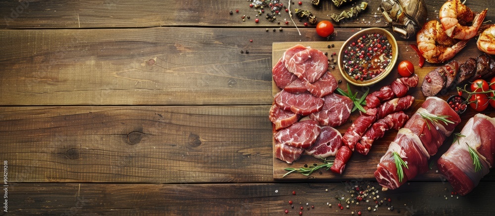 Poster assorted meats are laid out on a cutting board with copy space image