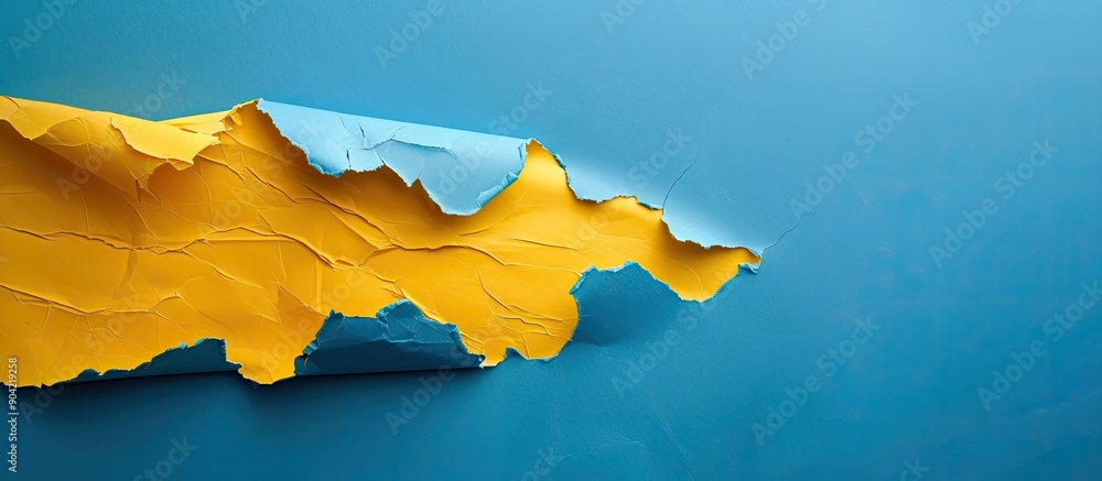 Poster save the date symbol on torn yellow paper against a blue backdrop with ample copy space image