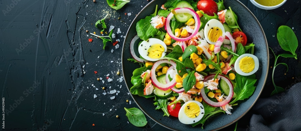 Poster vegetarian salad with crab sticks eggs onion and corn in a bowl showcased as a captivating web banne