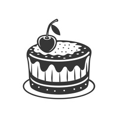 Cherry cake on white background, engraving, silhouette. Black and white illustration of dessert, pastry, food icon