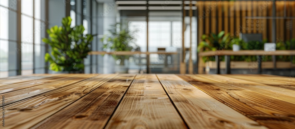 Poster wooden office table in the foreground with a blurry contemporary office lobby in the background idea