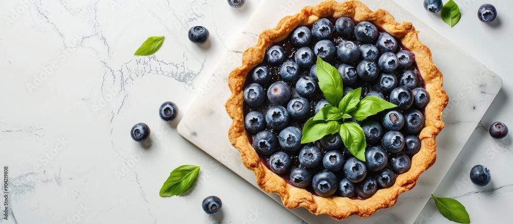 Poster top view of a delicious homemade blueberry and basil tart on a white marble surface with room for yo