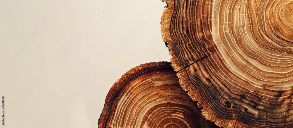 Wall mural a cross section of wood displays two brown circular patterns against a copy space image