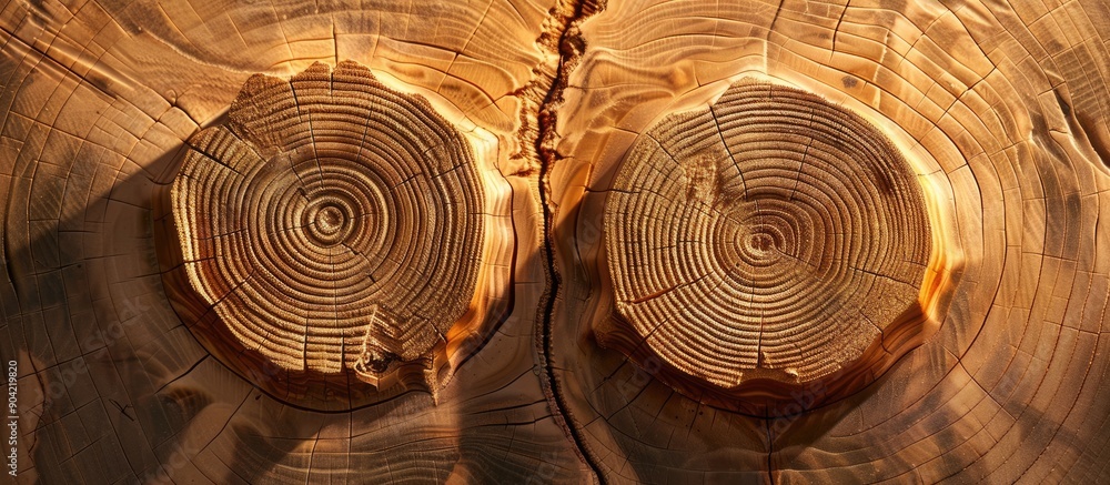 Wall mural a cross section of wood displays two brown circular patterns against a copy space image