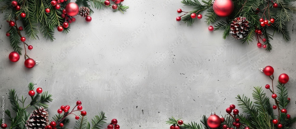 Aufkleber festive christmas card idea with a decorative frame composed of green fir branches red ornaments and
