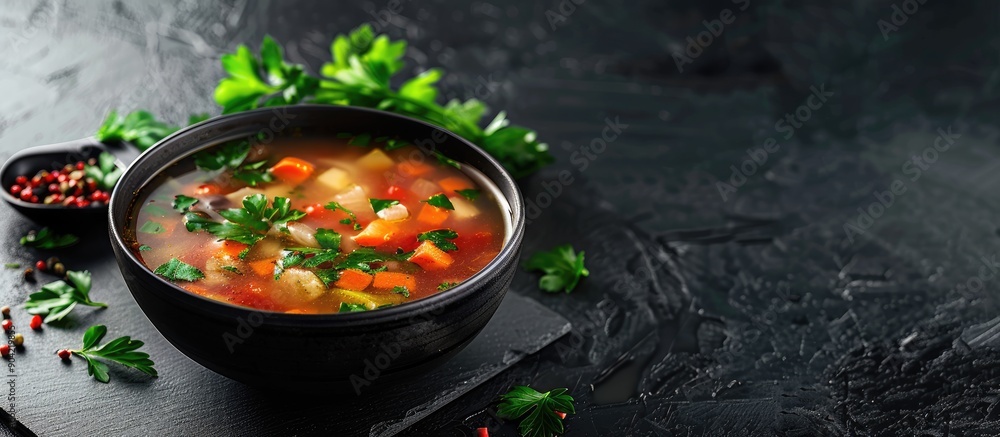Poster a delightful vegetable soup in a bowl with a background suitable for adding text or graphics known a