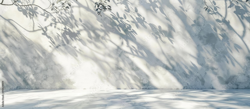 Poster white concrete floor and walls display leaf and branch shadows creating a natural pattern with light