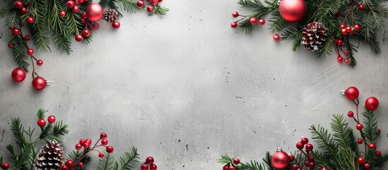Festive Christmas card idea with a decorative frame composed of green fir branches red ornaments and berries set against a concrete background with copy space image