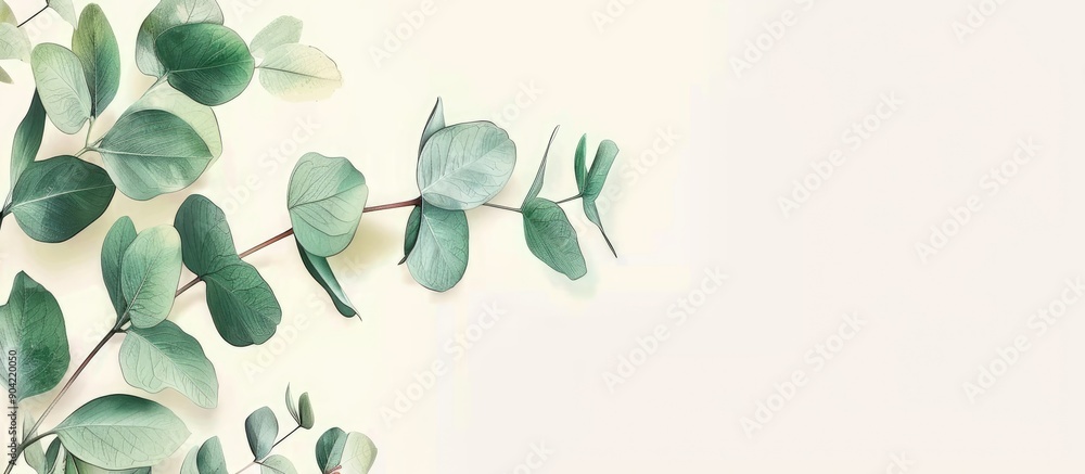 Poster Green eucalyptus branch on a light background with copy space image for product presentation cosmetic advertising or a congratulatory card