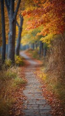 Obraz premium Autumn path landscape fall colored tree leaves and a walking path