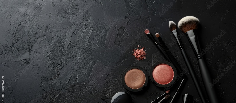 Poster makeup products are arranged on a black backdrop with room for text ideal for a copy space image