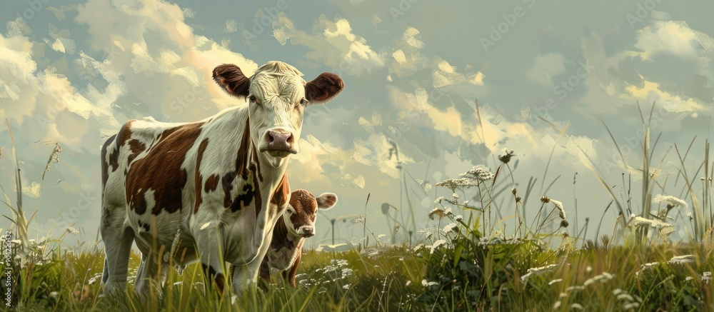 Poster an image featuring a serene scene of a mother and baby cow in a field with a white and brown color p
