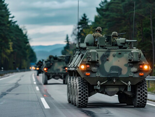 A group of military vehicles are driving down a road
