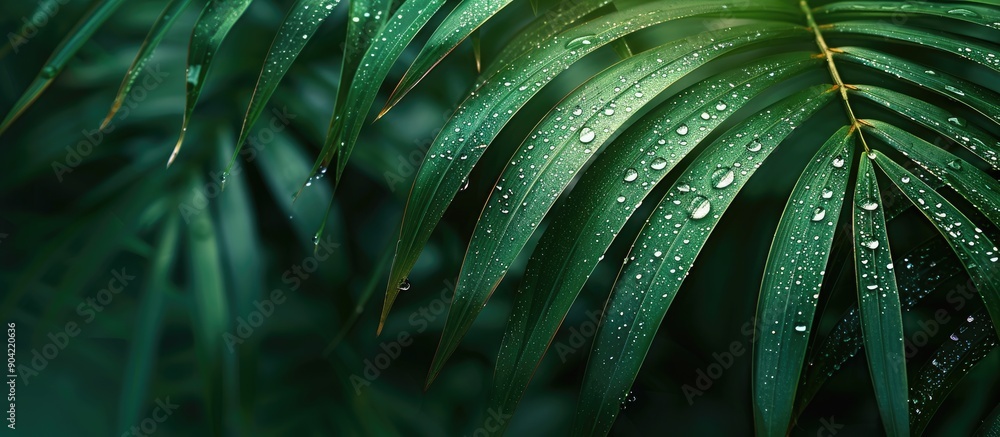 Aufkleber Coconut leaves shimmering with dew drops creating a serene and refreshing copy space image