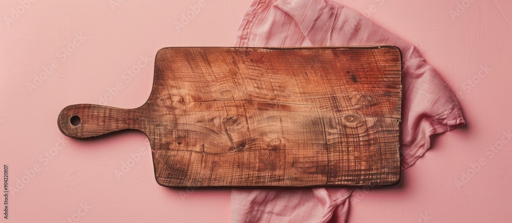 Poster top view of a cutting board with a napkin on a colored background giving emphasis to the copy space 