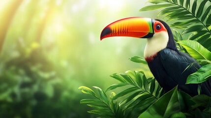 Obraz premium A toucan with its vibrant beak adds a pop of color to the lush green canopy