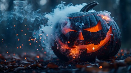 Scary funny halloween pumpkin with light in the dark night with smoke. Happy Halloween concept