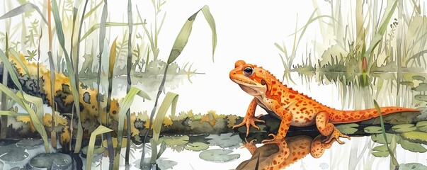 Amphibian breeds, habitat awareness, swamp exploration, Watercolor style
