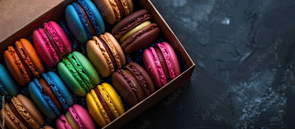 Poster macaroons in a gift box featuring vibrant colors captured from above with room for text copy space i