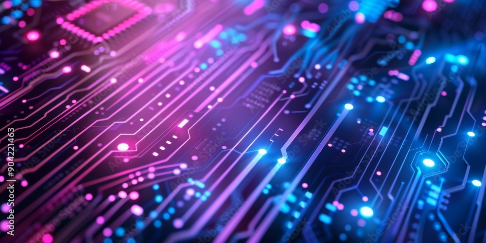 Poster close-up image of a vibrant, glowing circuit board showcasing advanced technology and intricate patt