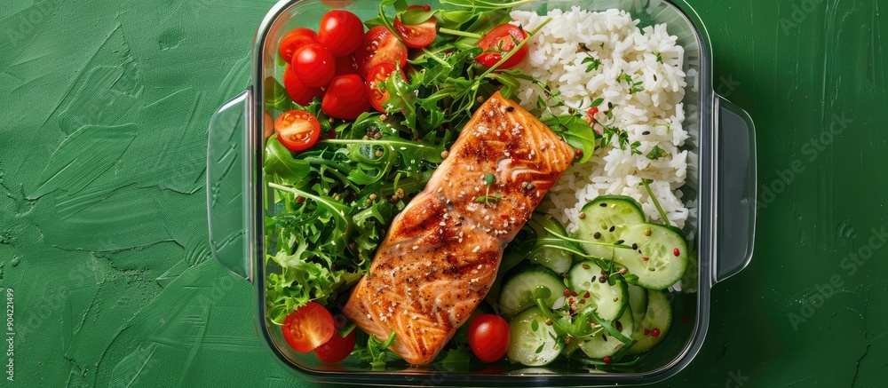 Poster glass container with a wholesome meal featuring salad salmon and rice on a green backdrop from above