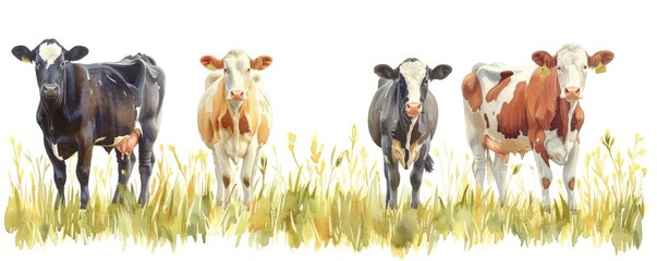 Fototapeta premium Cattle breeds, agricultural awareness, farm exploration, Watercolor style