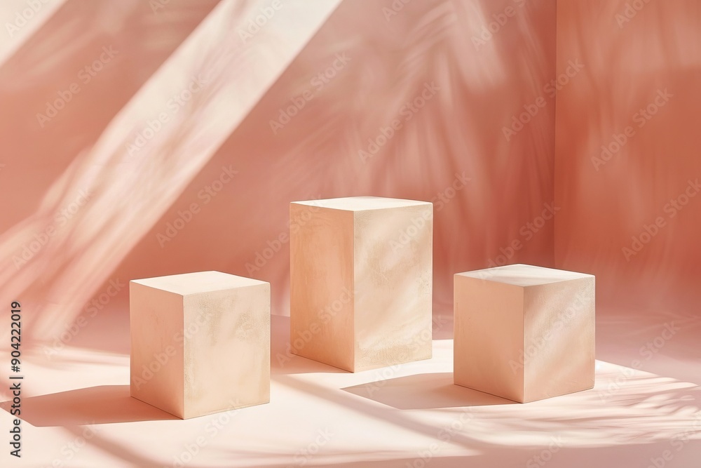 Aufkleber minimalist 3d geometric shapes on a textured peach background with soft shadows
